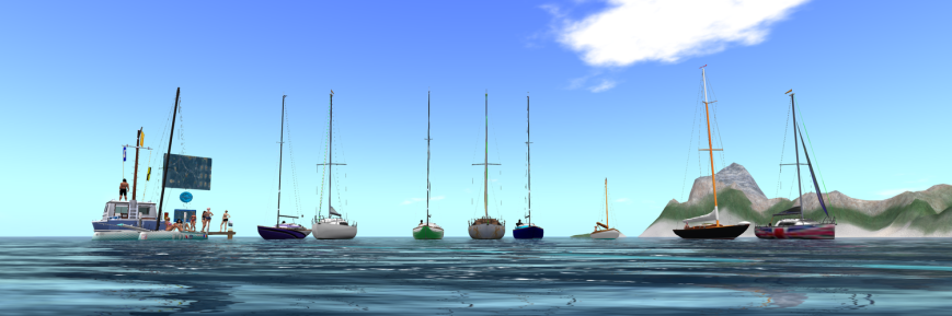 From the left (in boats): Beane and Minna (TMS Flying Shadow), Carlota (Bandit IF), Howard (Bandit 25), Rugger (Bandit IF), Blair and Astrid (Bandit 25), Moon (Bandit IF), Rosie (Trudeau T12), Sadal (Trudeau One), and Riz and Magick (Bandit 25). On the dock: Josh, Rae, Keezheekoni, Cryptic, and Petra.