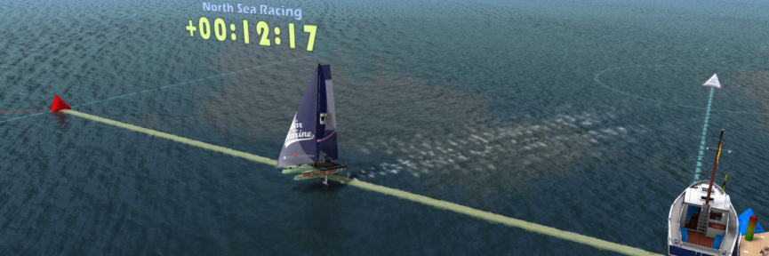 Isa, with Laured in her TMS Flying Shadow, crosses the finish line during the first race of the North Sea Cat Fight, on Friday, April 12th, 2019.