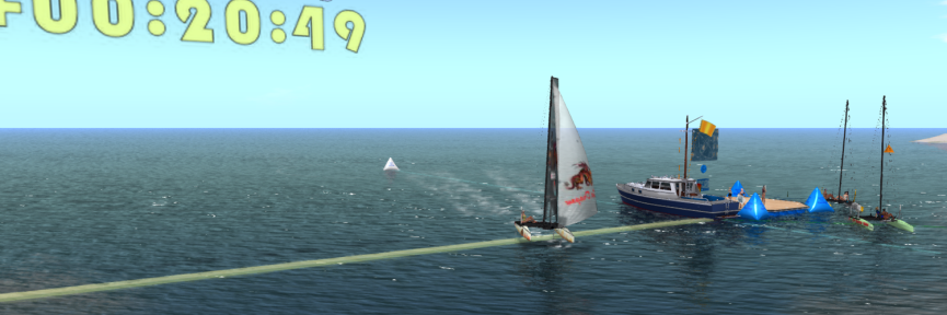 Daenerys, in her TMS Flying Shadow, crosses the finish for the first race of the North Sea Cat Fight while Caethes, Cryptic, and Shau look on from the committee boat dock, and Julnara, Equen, Isa, and Laured look on from TMS Flying Shadows, on Friday, April 26th, 2019.