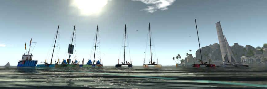 From the left (in boats): Rayz (TMS Flying Shadow), Bianca (TMS Flying Shadow), Isa (TMS Flying Shadow), Emileigh (TMS Flying Shadow), Daenerys (TMS Flying Shadow), Palani (TMS Flying Shadow), and Nihiwatu (TMS Nacra 17). On the committee boat: Caethes, Cryptic, and Joshua. On the dock: Susi.