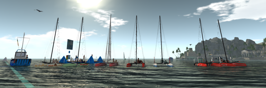 From the left (in boats): Daenerys and Tamarushka (TMS Flying Shadow), Isa (TMS Flying Shadow), Palani (TMS Nacra 17), Ominu and York (TMS Flying Shadow), Moon and Sea (TMS Flying Shadow), Julie (TMS Flying Shadow), and Max and Wyndi (TMS Flying Shadow). On the committee boat: Cryptic. On the dock: Caethes, Morgan, Wyndi, Mac, Rage, and Lisa. On the pier: Paula.