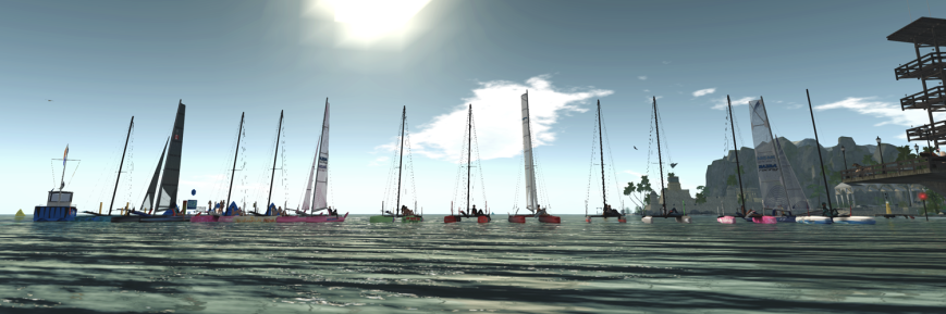 From the left (in boats): Rayz (TMS Flying Shadow), Emileigh (TMS Nacra 17), Meli and Alina (TMS Flying Shadow), Daenerys and Tamarushka (TMS Flying Shadow), Katana (TMS Nacra 17), Isa and Selena (TMS Flying Shadow) Sirius (TMS Flying Shadow), Palani (TMS Nacra 17), , Max and Wyndi (TMS Flying Shadow), Rider (TMS Flying Shadow), Sea (TMS Flying Shadow), Juicy (TMS Nacra 17), and Moon (TMS Flying Shadow). On the dock: Caethes, and Cryptic. On the pier: Brandon.