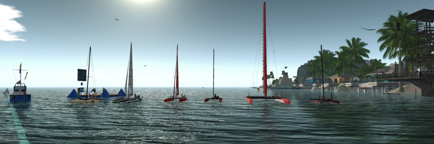 From the left (in boats): Daenerys and Tamarushka (TMS Flying Shadow), Juicy (TMS Nacra 17), Astrid (TMS Nacra 17), Sirius (TMS Flying Shadow), Sea (WildWind AC-45), and Jenna (TMS Flying Shadow). On the Race Committee boat: Cryptic: On the dock: Caethes, and Milla. On the pier: Julie.