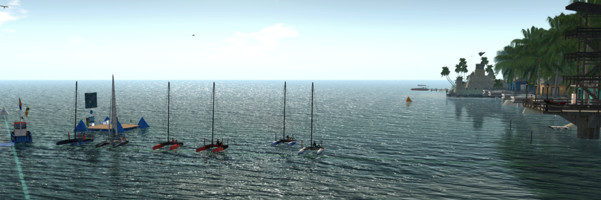 From the left (in boats): Daenerys (TMS Flying Shadow), Juicy (TMS Nacra 17), Julie (TMS Flying Shadow), Sirius (TMS Flying Shadow), Aymalie (TMS Flying Shadow), and Moon (TMS Flying Shadow). On the Race Committee boat: Cryptic. On the dock: Emileigh, Zimtzicke, and Caethes. On the pier: Kurt, and Fabber.