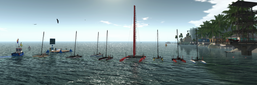 From the left (in boats): Daenerys and Tamarushka (TMS Flying Shadow), Julia (TMS Flying Shadow), Aymalie (TMS Flying Shadow), Jenna (TMS Flying Shadow), Sea (WildWind AC-45), Juicy (TMS Flying Shadow), Sirius (TMS Flying Shadow), and Moon (TMS Flying Shadow). On the Race Committee boat: Cryptic. On the dock: Caethes, and Emileigh. On the pier: Solo.