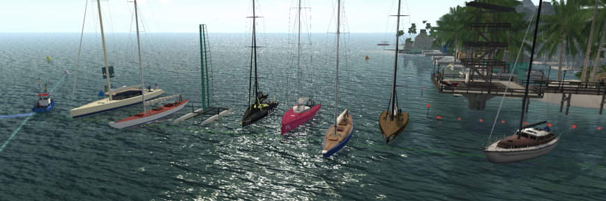 Big boat fleet, from the left (in boats): Anthony and Cate (TMS Pacha 110), Emileigh and Rayz (Trudeau 12m), Sin (WildWind AC-45), Sea (WildWInd Open 60), Jenna (TMS One Design 65), Aymalie (Trudeau 12m), Moon (WildWind AC-45), Rugger and Ani (Bandit 55). On the Race Committee Boat: Cryptic. On the dock: Jackson, Sirius, Julie, Daenerys, and Tamarushka. On the pier: Summer.