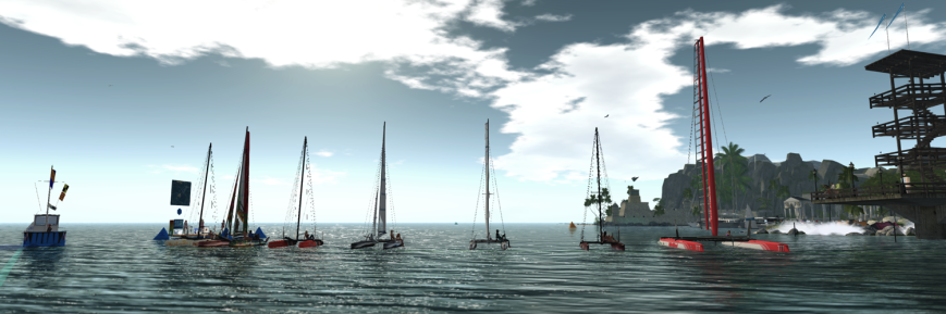From the left (in boats): Daenerys (TMS Flying Shadow), Rugger and Diana (TMS Nacra 17), Julie (TMS Flying Shadow), Juicy (TMS Nacra 17), Moon (TMS Nacra 17), Jenna and Amber (TMS Flying Shadow), and Sea (WildWind AC-45). On the Race Committee boat: Cryptic. On the dock: Emileigh, Caethes, Di, and Tamarushka. On the pier: Abhie.