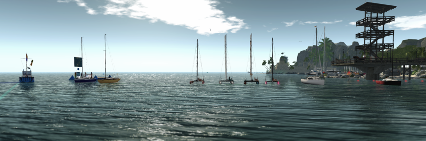 Small boat fleet, from the left (in boats): Cate and Anthony (Bandit 22 LTE), Red (Bandit F), Emileigh (TMS Flying Shadow), Moon (TMS Nacra 17), Jenna (TMS Nacra 17), Sea (TMS Flying Shadow), Anne (Bandit 25R), and Zimtzicke (Bandit 22 LTE). On the Race Committee Boat: Cryptic. On the dock: Farryn, Daenerys, and Tamarushka. On the pier: Kaityana, and Asteria.