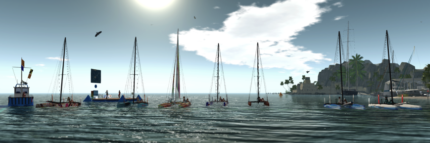 From the left (in boats): Emileigh (TMS Flying Shadow), Daenerys (TMS Flying Shadow), Erin (TMS Nacra 17), ViV (TMS Flying Shadow), Aymalie (TMS Flying Shadow), Max (TMS Flying Shadow), and Moon (TMS Flying Shadow). On the Race Committee boat: Cryptic. On the dock: Caethes, and Xiǎo.