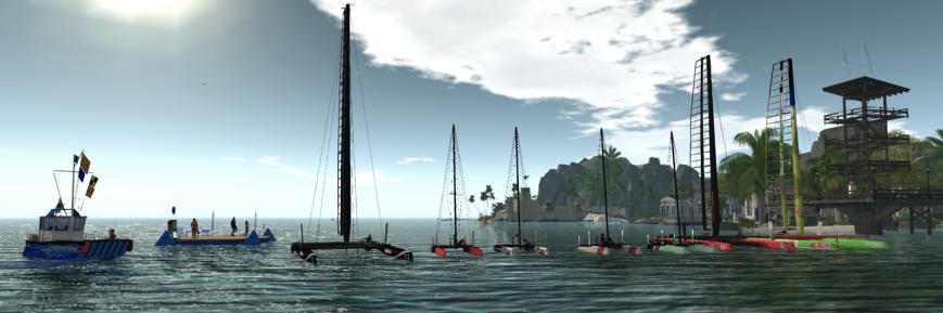 From the left (in boats): Mary (WildWind AC-45), Sirius (TMS Flying Shadow), Max (TMS Flying Shadow), Kael (TMS Flying Shadow), Xiao (TMS Flying Shadow), Leif (WildWind AC-45), and Diana (WildWind AC-45). On the Race Committee boat: Cryptic. On the dock: Vicky, Asher, Leftism, and Daenerys.